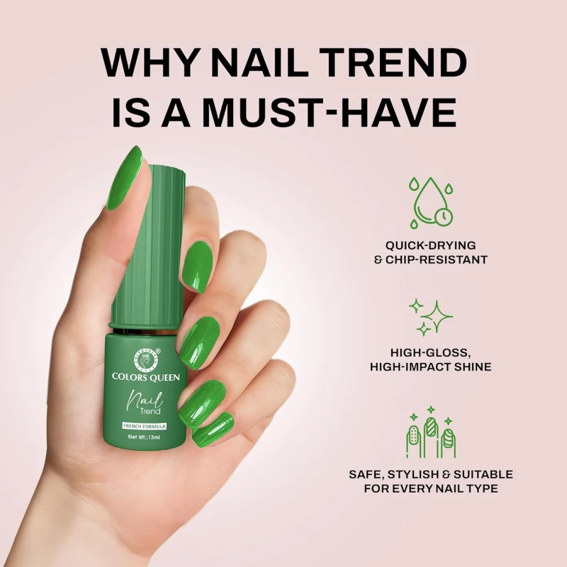 Colors Queen Nail Trend Glossy Nail Polish | Chip Resisting & Quick Drying Nail Paint with High Shine | 7 Toxin Free Formula | Vegan & Cruelty Free | Long Lasting & Vibrant Nail Paint for Women ( Kombu Green, 13ml) - Thumbnail 4